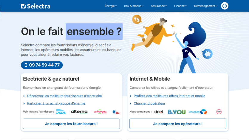Selectra homepage featuring energy and internet services comparison with contact number.