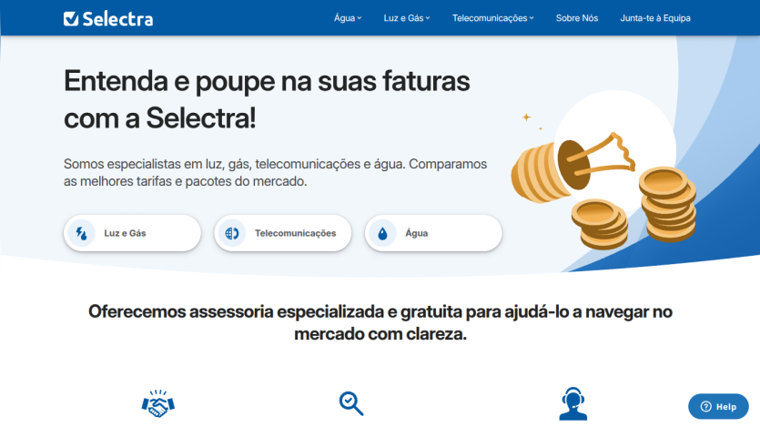 Homepage of Selectra offering assistance with utility bills and services.