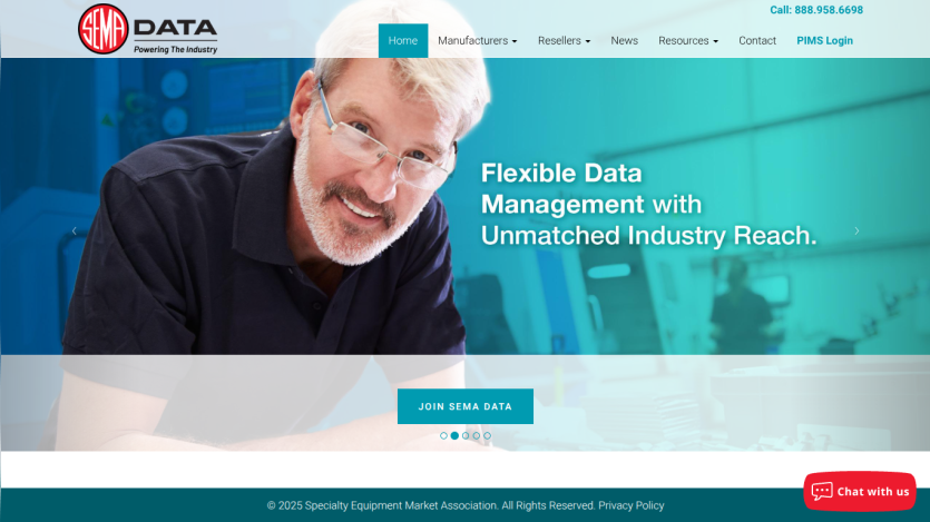 SEMA Data homepage with navigation and headline about flexible data management and industry reach