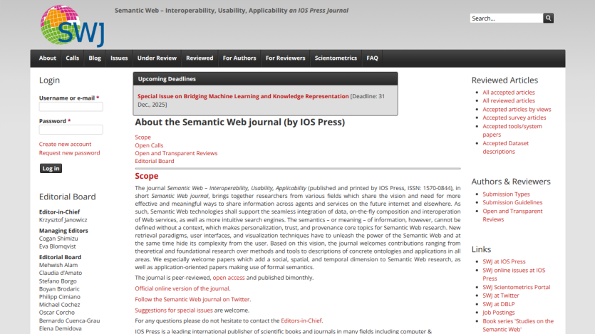 Semantic Web journal homepage with login, editorial board, upcoming deadlines, and journal description