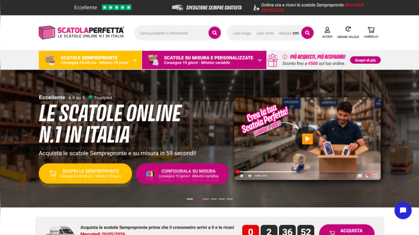 Homepage promoting online box sales in Italy with a featured video and call-to-action buttons.