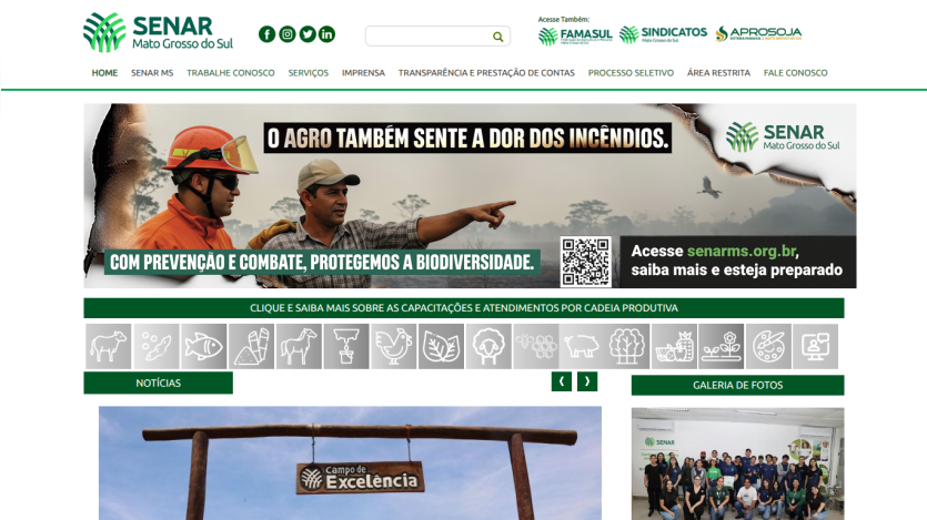 SENAR Mato Grosso do Sul homepage with fire prevention campaign banner and navigation menu