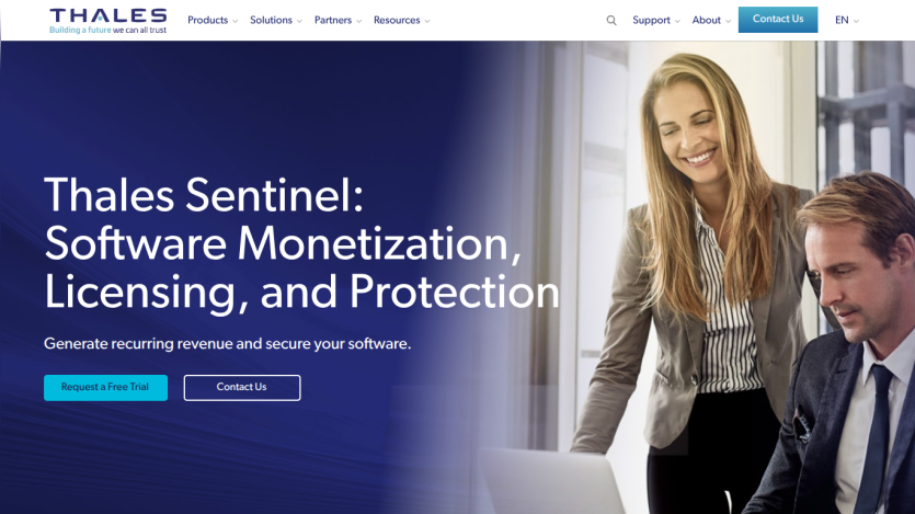 Thales Sentinel homepage featuring software monetization and licensing solutions.