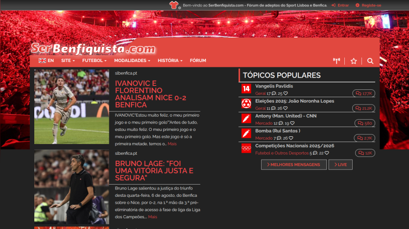 Sports news website featuring articles and popular topics in a red-themed layout.