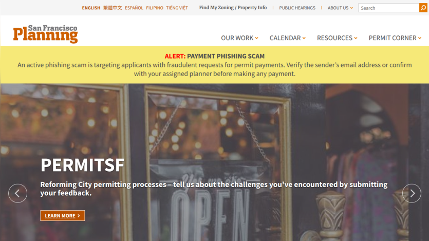 San Francisco Planning website with alert about payment phishing scam and info on reforming city permitting processes