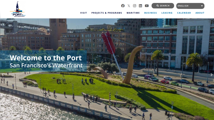 Welcome message for the Port of San Francisco waterfront with a large outdoor sculpture and waterfront park