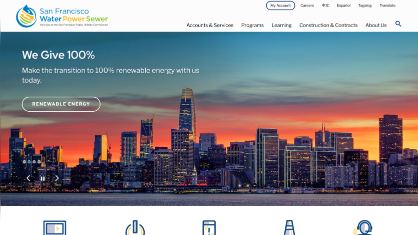 San Francisco Water Power Sewer homepage promoting 100% renewable energy transition with city skyline at sunset.