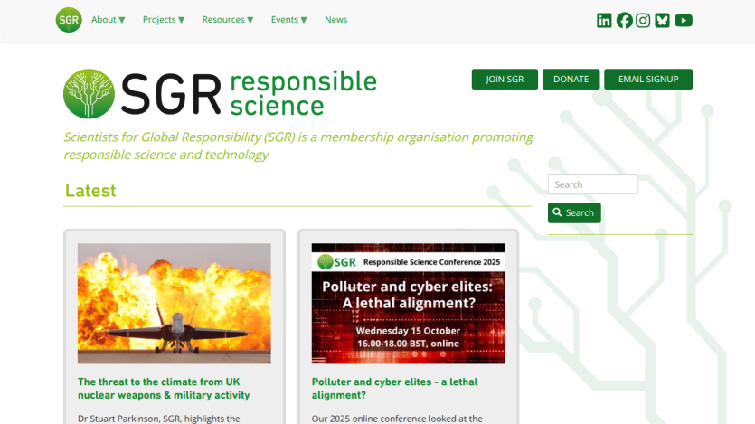 SGR homepage promoting responsible science with latest news on climate threats and upcoming conference details