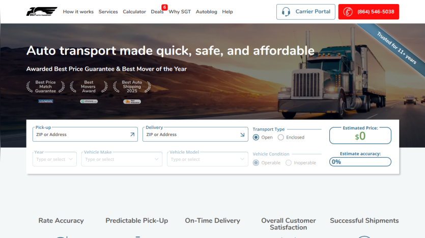 Auto transport service homepage with headline, awards, and a form for pick-up and delivery details with estimated price