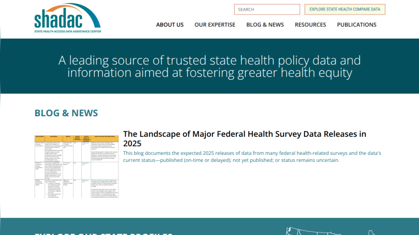 State Health Access Data Assistance Center homepage with navigation, search, and blog post on federal health survey data releases in 2025