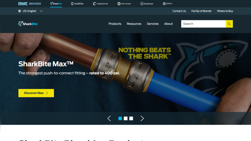 SharkBite Max push-to-connect fitting rated to 400 psi with navigation and brand logos