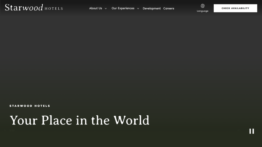 Starwood Hotels homepage with navigation bar and headline 'Your Place in the World' on dark background