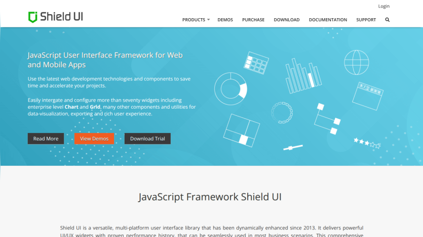 Shield UI homepage featuring JavaScript framework overview and call-to-action buttons.