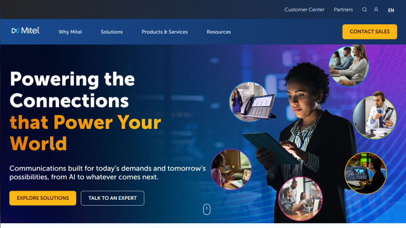 Homepage featuring a tagline about powering connections and a call to action for solutions.