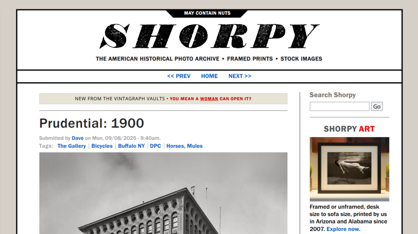 Historical photo archive featuring Prudential building from 1900 with navigation links.