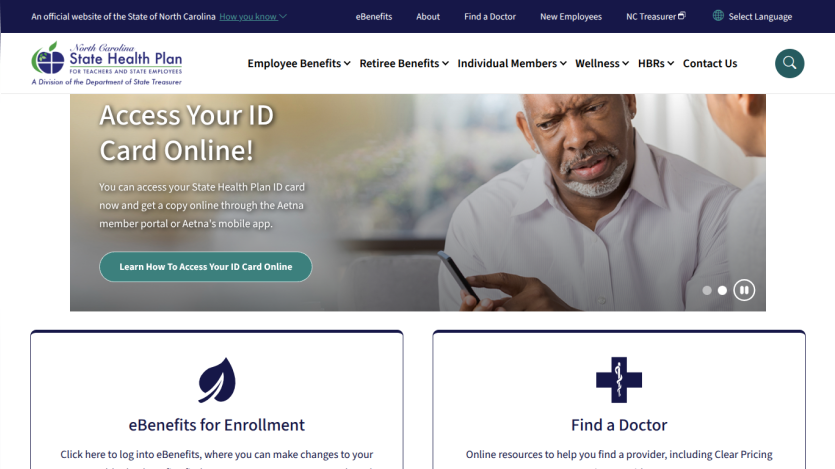 North Carolina State Health Plan homepage with ID card access info, navigation menu, and options for eBenefits and finding a doctor