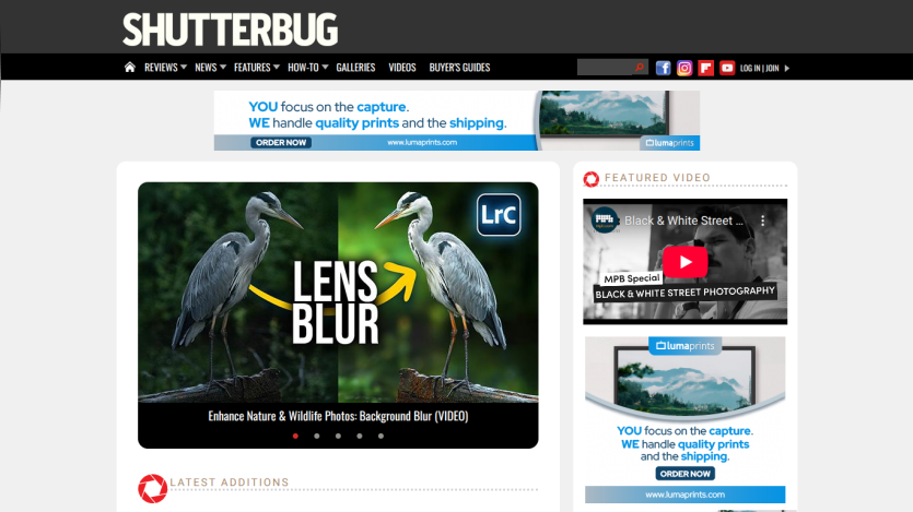 Shutterbug homepage featuring a lens blur tutorial and navigation links.