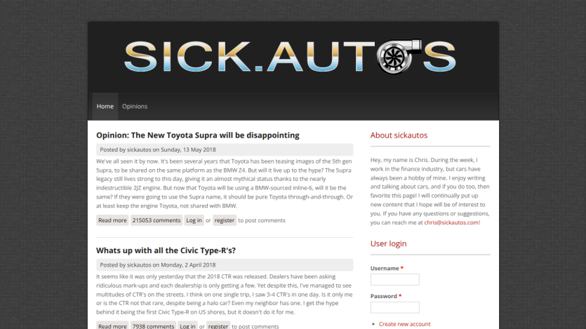 Car enthusiast blog Sick Autos with opinion articles on Toyota Supra and Civic Type-R, plus author info and login form