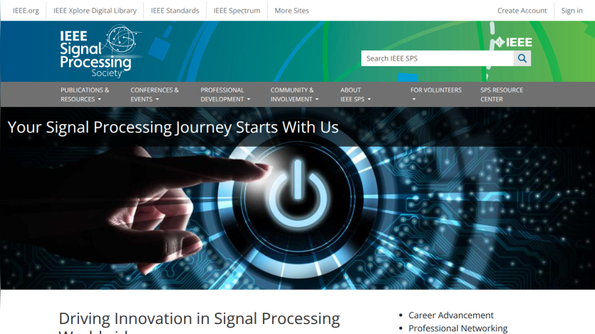 IEEE Signal Processing Society homepage with navigation, search bar, and hero section titled 'Your Signal Processing Journey Starts With Us'