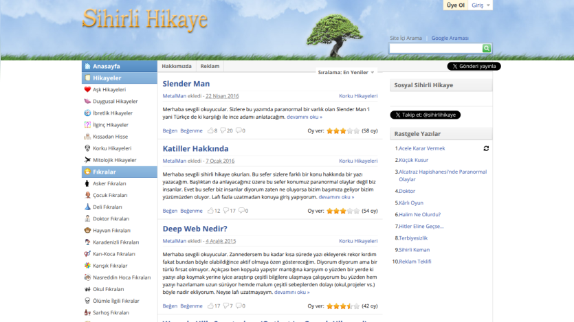 Homepage of Shirih Hikaye featuring story titles and ratings.