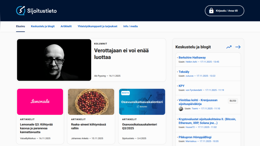 Investment news site with articles on taxation trust issues, Lemonade growth, raw materials rally, and dividend calendar, plus blog discussions