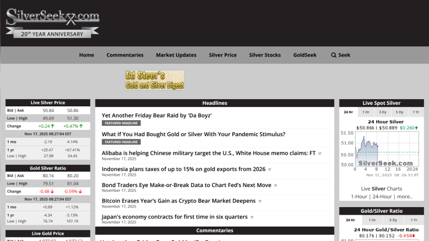 SilverSeek homepage with live silver and gold prices, headlines on market updates, and gold/silver ratio charts