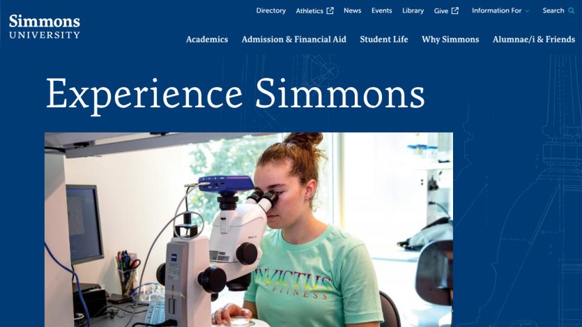 Homepage of Simmons University featuring a student using a microscope with the text 'Experience Simmons'.