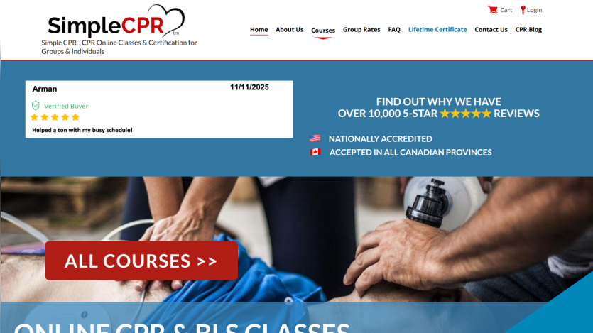 Simple CPR website offering online CPR classes and certification with over 10,000 5-star reviews and national accreditation