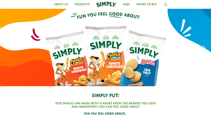 Simply snacks homepage featuring Cheetos Crunchy, Cheetos Puffs, and Ruffles Sea Salt with tagline Fun You Feel Good About