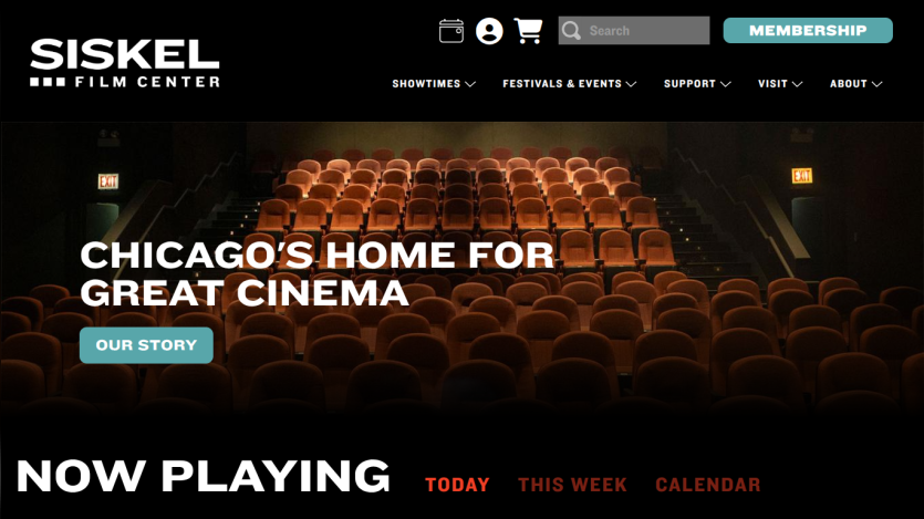 Siskel Film Center homepage with navigation and hero section stating Chicago's home for great cinema and an Our Story button