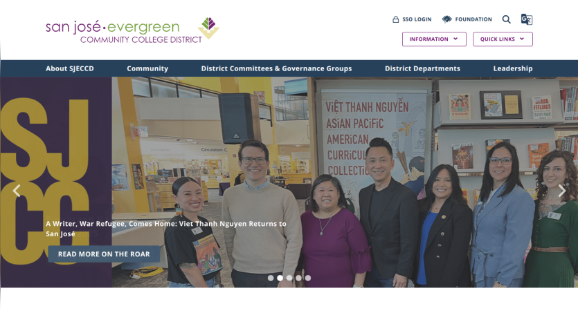 San José Evergreen Community College District homepage with navigation and hero story about Viet Thanh Nguyen returning to San José