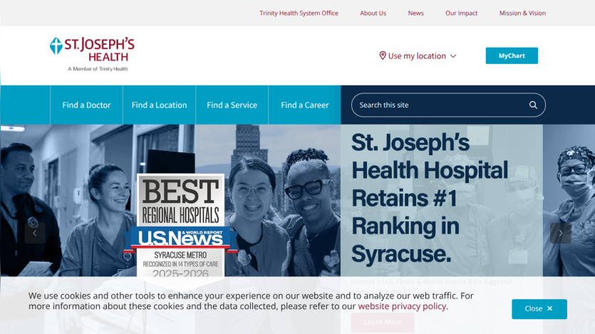 St. Joseph's Health homepage highlighting #1 hospital ranking in Syracuse with navigation and search bar