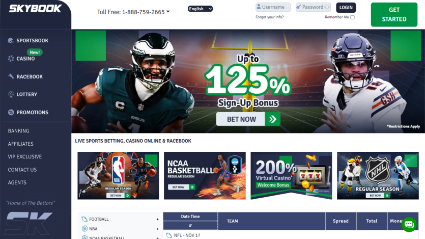 Skybook sports betting site with sign-up bonus, live sports categories, and betting options for football, NBA, NCAA basketball, and NHL.