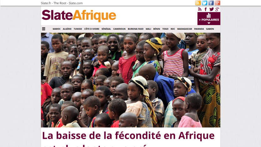 Homepage of SlateAfrique featuring an article about declining fertility in Africa.