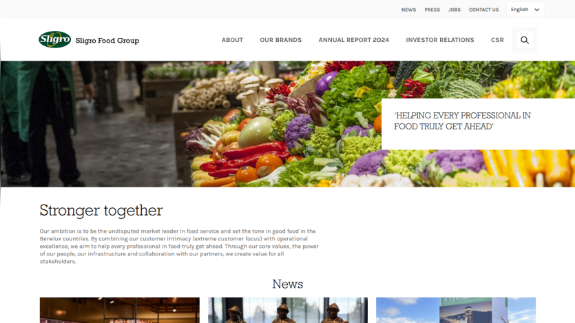 Homepage of a food group featuring fresh produce and a message about helping food professionals get ahead