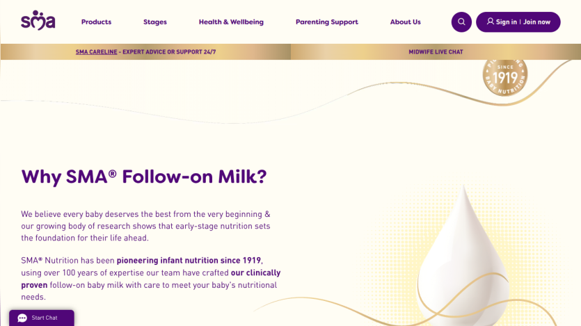 SMA Follow-on Milk page with navigation, expert advice links, and text about infant nutrition since 1919