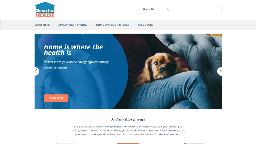 Homepage featuring a dog on a couch with a message about home health and energy savings.