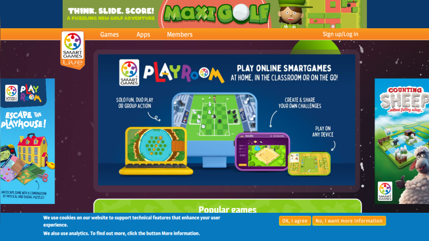 SmartGames Playroom online games platform with options for solo, duo, or group play, playable on any device