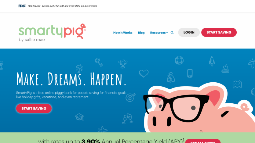 SmartyPig by Sallie Mae offers a free online piggy bank for saving towards financial goals with a start saving button