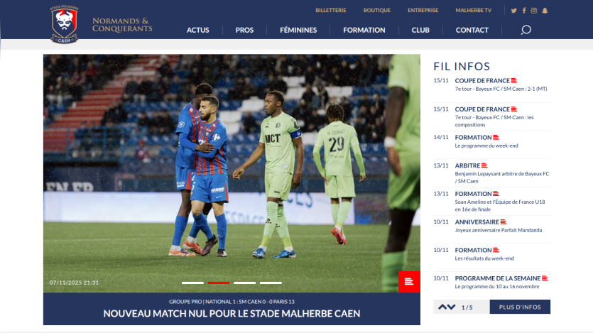 Stade Malherbe Caen football site showing match result and news updates with player image in blue jersey