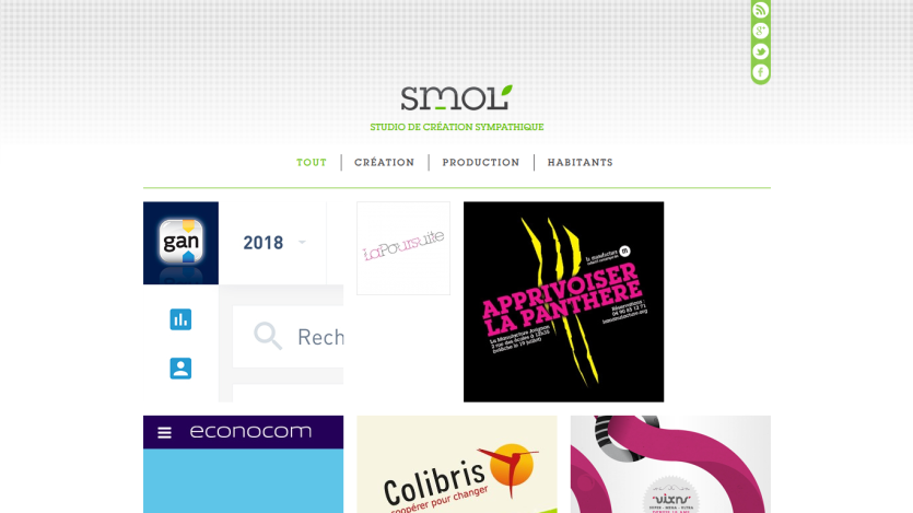 Homepage of SMOL featuring a logo, search bar, and various design projects.
