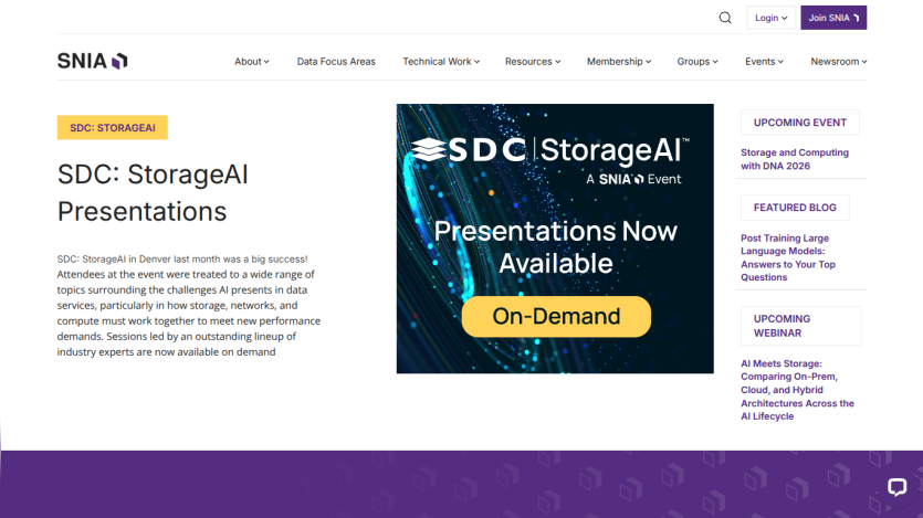 SNIA website featuring SDC StorageAI presentations available on-demand.