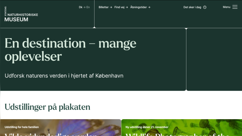 Statens Naturhistoriske Museum homepage with navigation links and headline about exploring nature in Copenhagen