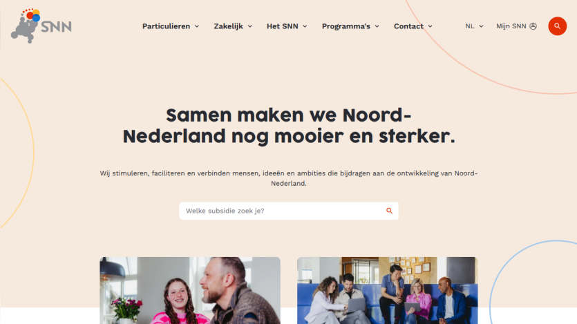 Website header with navigation and a hero section promoting development in Noord-Nederland with a search bar and images of people collaborating.