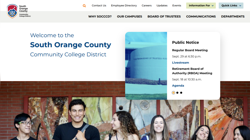 Homepage of South Orange County Community College District with welcome message and public notice.