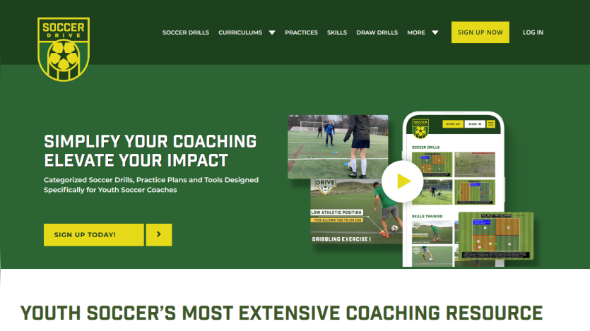Soccer Drive website hero with coaching tools, drills, and signup call-to-action for youth soccer coaches.