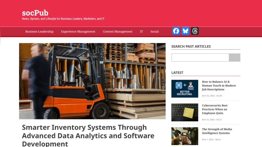SocPub homepage featuring business leadership news with a hero article on smarter inventory systems and latest articles on AI recruiting and cybersecurity