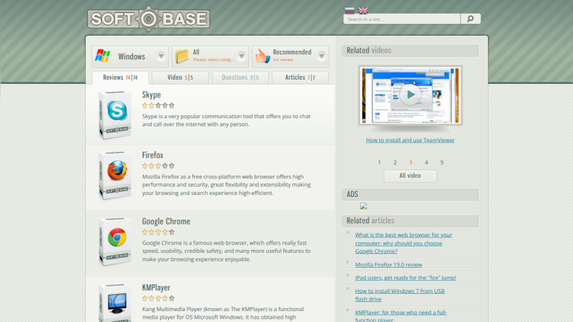 Software download page featuring recommended applications with ratings and descriptions.