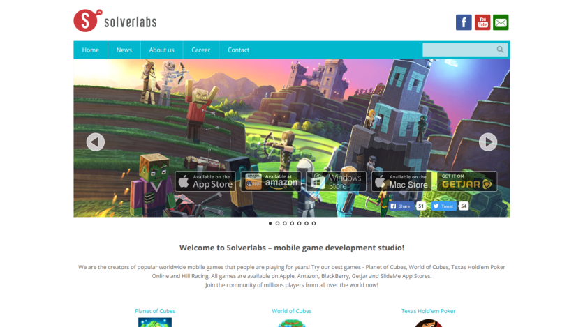Solverlabs mobile game development studio homepage with navigation and hero image featuring game characters