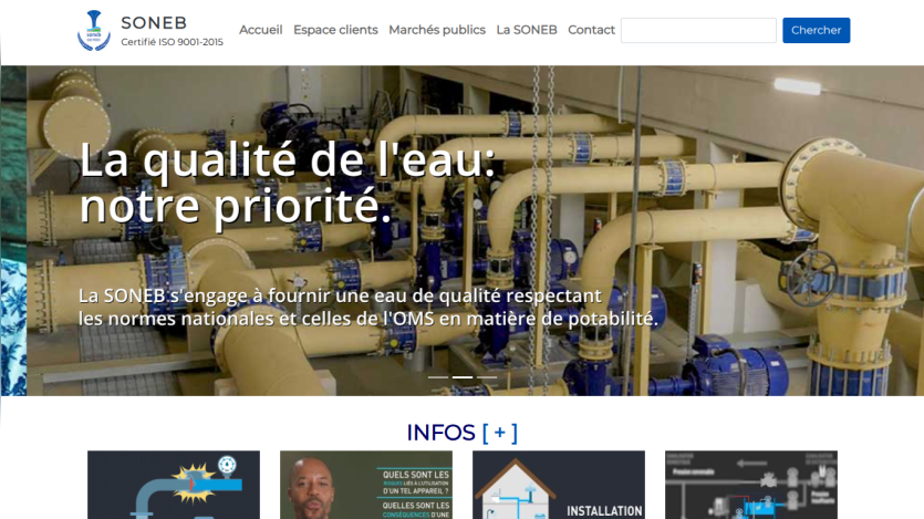 Water quality priority statement by SONEB with navigation menu and search bar